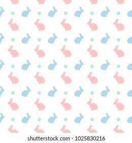 Seamless pattern with rabbits and flowers. Soft colored background for Easter.