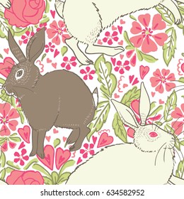 seamless pattern of rabbits and flowers, spring vector