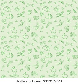 seamless pattern with rabbits and flowers - vector green background