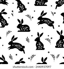 Seamless pattern with rabbits and flowers. Vector illustration. Happy easter.