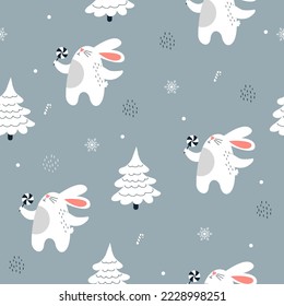 Seamless pattern with rabbits in the forest. Winter time. 