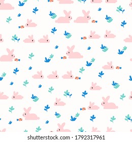 Seamless pattern with rabbits in the garden vector illustration