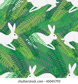 seamless pattern with rabbits in green leaves