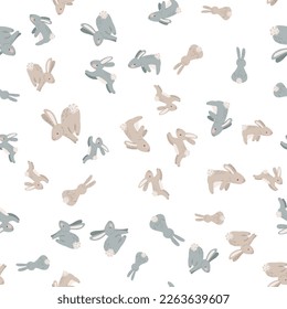 Seamless pattern with rabbits. Hare, Easter, spring, flowers. Childish cute print. Vector graphics.