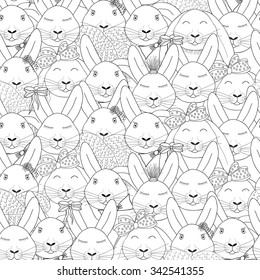 Seamless pattern with rabbits. Head closeup. Black and white. Hare with bow, scarf. Wild animal or pet. White background. Vector illustration.