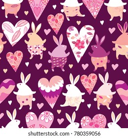 Seamless pattern with rabbits and hearts. Ideal for greeting cards for St. Valentine's Day, as well as designs for children.