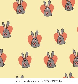 Seamless pattern with rabbits and hearts. Vector.