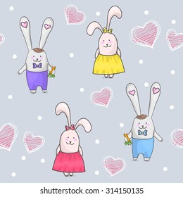 Seamless pattern with rabbits and hearts. Vector background