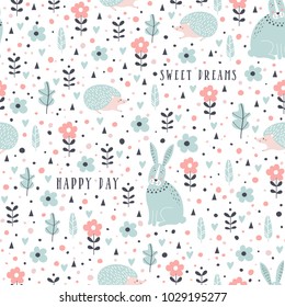 Seamless pattern with rabbits, hedgehogs and flowers in cartoon style. Vector illustration.
