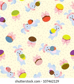 A seamless pattern of rabbits holding colorful cupcakes and cupcakes with ribbon around.