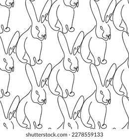 Seamless pattern with rabbits illustration in line art style on white