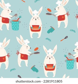 Seamless pattern with rabbits and  kitchen accessories, food. Vector illustrations 