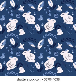 Seamless pattern with rabbits, lady bugs, birds and flowers, vector illustration
