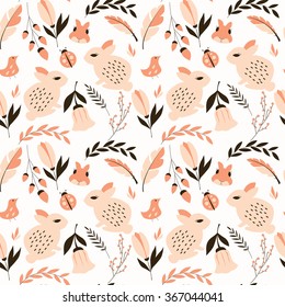 Seamless pattern with rabbits, lady bugs, birds and flowers, vector illustration