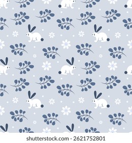 Seamless pattern with rabbits and leaves on a blue background