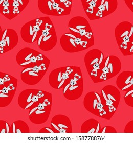 Seamless pattern with rabbits on a background of red hearts. Stock vector illustration for decoration and design, wrapping paper, wallpaper, fabrics, children, for Valentines Day and more.