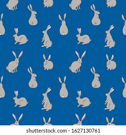 
Seamless pattern with rabbits on a blue background. Stock vector illustration for decoration and design, packaging, wallpaper, fabrics, postcards, web pages, wrapping paper, Easter, textiles and more
