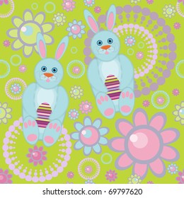 Seamless pattern with rabbits on green background