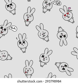 Seamless pattern with rabbits on grey background. Vector illustration with different emotions.