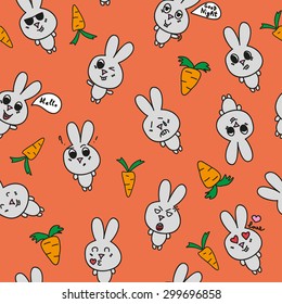 Seamless pattern with rabbits on orange background. Funny bunny and carrot. Cute cartoon. Vector illustration with different emotions.