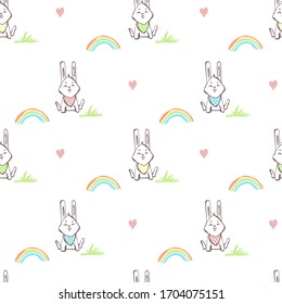 Seamless pattern with rabbits on a white background with rainbows, hearts and grass 