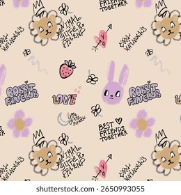 Seamless pattern with rabbits on white background. Funny bunny and carrot. Cute cartoon. Vector illustration with different emotions.