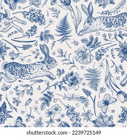 Seamless pattern and rabbits   plants  Floral print  Gravure style  Vector  Blue 