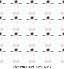 Seamless pattern with rabbits in respirator. Coronavirus Covid-19. Vector cartoon flat illustration. Stay home. Stay safe. 
