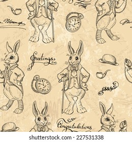 Seamless pattern with rabbits. Retro ornament. English fairy tale character. White rabbit with a clock and a cane. Vintage background, rabbits in the old English costume. Hand drawn illustration. 