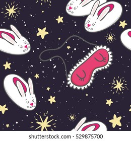 Seamless pattern with rabbits slippers and stars. Pajama party