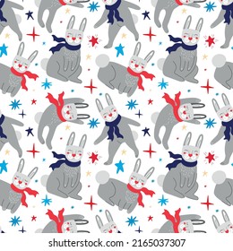 Seamless pattern with rabbits, snowflakes and stars. Rabbits seamless background.Symbol of 203 year. Vector illustration