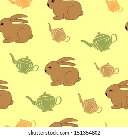 Seamless pattern with rabbits and teapots