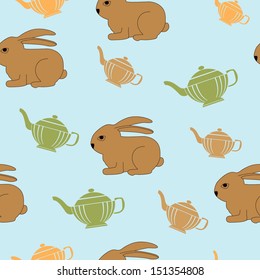 Seamless pattern with rabbits and teapots