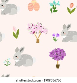 Patrón sin foco con conejos y tulipanes sobre el tema de la primavera