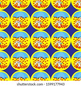 Seamless pattern with rabbits and an umbrella in their paws on a blue background and falling hearts. Stock vector illustration for decoration and design, wrapping paper, wallpaper, bedding, fabrics