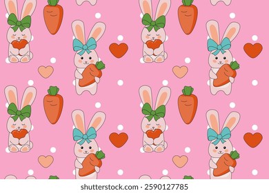 Seamless pattern of rabbits in various poses. Easter. Spring. Vegetables. Carrot . heart. Rodent animal cartoon design. Kawaii. Vector
