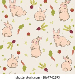 Seamless pattern with rabbits and vegetables. Vector graphics.