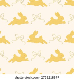 Patrón sin fisuras con conejos y lazos amarillos de fondo beige. Diseño pastel de Pascua para tela, papel de embalaje, decoración de vivero, tarjetas de felicitación y embalaje para niños.