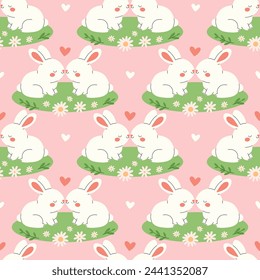 Seamless pattern with rabbitts in love sitting together. Romantic rodents couple on the grass with chamomiles and hearts. Vector flat illustration on pink background