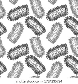 Seamless pattern with rabies virus. Vector illustration in vintage engraved style.