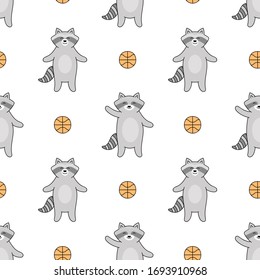 Seamless pattern with raccoon and ball on white. Drawn cute raccoon in doodle style. Vector illustration.