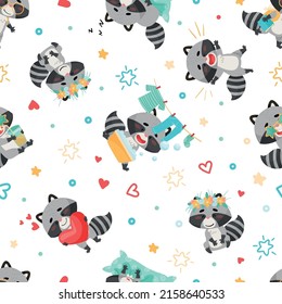 Seamless pattern raccoon doing different things, doing laundry, having fun. Drawn in cartoon style. Vector illustration for designs, prints and patterns. Isolated on white background