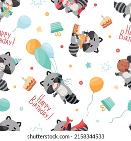 Seamless pattern raccoon on holiday. Flying on balloons, eating a cake and giving a gift. Drawn in cartoon style. Vector illustration for designs, prints and patterns. Isolated on white background