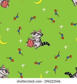 seamless pattern with raccoon and popcorn