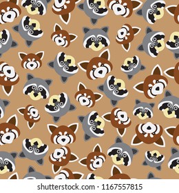 Seamless pattern. Raccoon and red panda head on brown background.