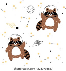  Seamless pattern with a raccoon in space, Astronaut raccoon, raccoon flying in space, children's illustrations on the space theme