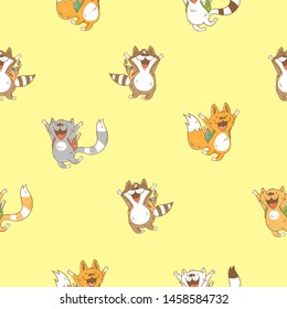 Seamless pattern with raccoons, cats and foxes on a yellow background. Funny animal pupils. Back to school. Vector contour colorful  image.