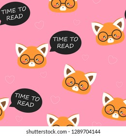Seamless pattern with raccoons in glasses. Time to read. Background with animals
