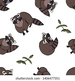 Seamless pattern raccoons green leaves vector