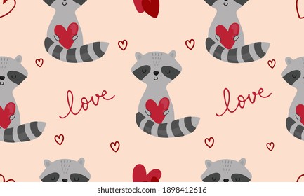 Seamless pattern with raccoons, hearts. Background for wrapping paper, textile, posters, cards. Happy Valentine's day. 